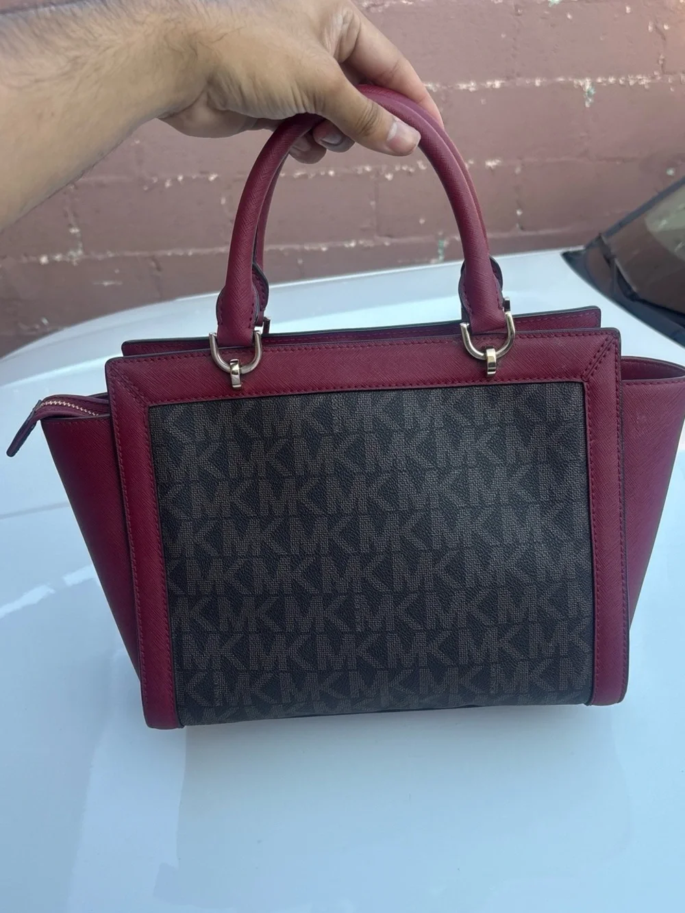 Michael Kors Burgundy and Brown MK Logo Satchel with Gold Hardware